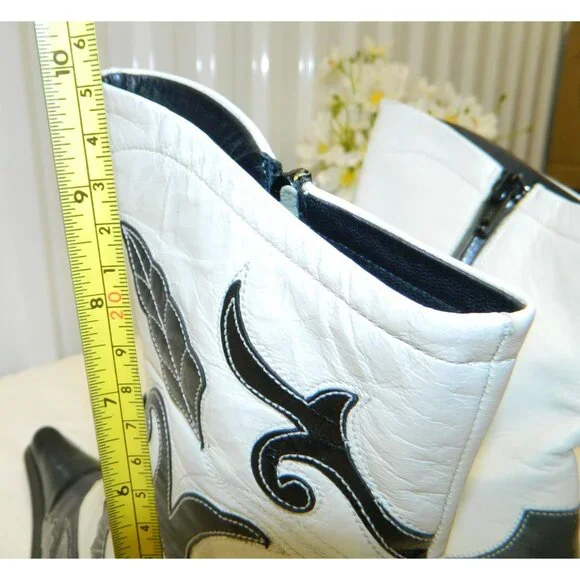 Vtg Goffredo Fantini Boots Sz 7 Black White Leather Ankle Boots Floral Appliqué - Picture 11 of 16